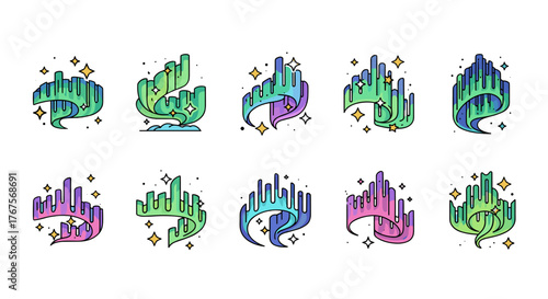 Collection of stylized aurora borealis icons in vibrant green, blue, and purple hues, set against a black background with twinkling stars, representing natural phenomena and celestial beauty.