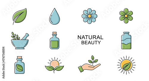 Collection of flat design icons representing natural beauty, organic products, and wellness, featuring elements like leaves, flowers, water drops, essential oil bottles, a mortar and pestle, and sun
