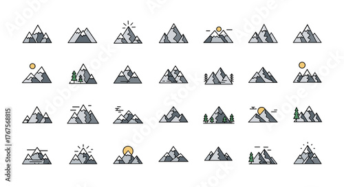 Collection of stylized mountain icons featuring diverse peaks, snowy summits, sunrises, sunsets, and evergreen trees, presented in a clean, modern flat design with bold outlines, perfect for travel