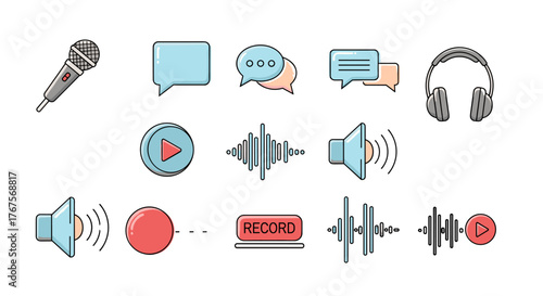 Collection of flat design icons representing audio and communication elements, including a microphone, speech bubbles, headphones, play button, sound waves, speaker, and record button, perfect for