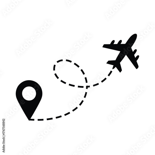 Airplane flying along a dotted line route from a location pin