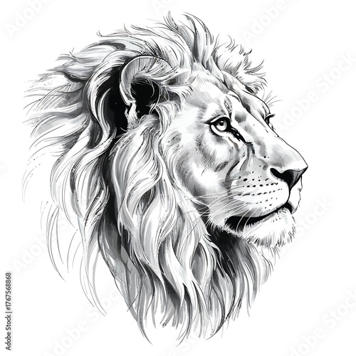 Detailed pencil sketch portrait of a majestic lion s head in profile