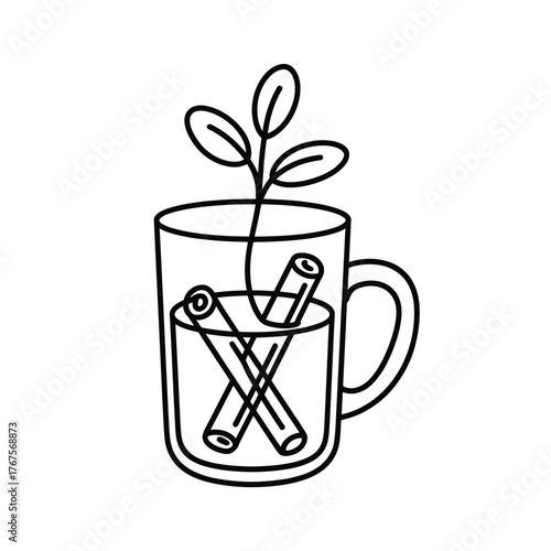 Hand drawn illustration of a glass mug with cinnamon sticks and a plant sprout