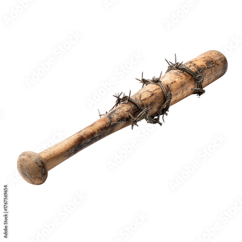 Barbed Wire Wrapped Baseball Bat: A weathered baseball bat, encircled by menacing strands of barbed wire, lies still. It's a striking image of tension and danger.