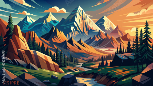 Very beautiful, mountain landscape in Colorado Rocky Mountains, Colorado, United States, Rainspire illustration, majestic peaks, misty atmosphere, artistic rendering, and serene natural scenery in dig