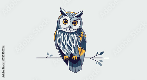 Stylized owl with large yellow eyes perched on a branch.