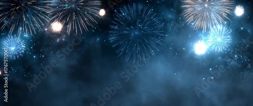 Dark festive background with blue fireworks for New Year 2026 celebration, ideal for party invitation, holiday banner, event poster, festive templates, seasonal greeting card design. Panoramic video