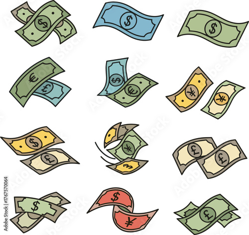 Create a kinds of deferent Flying banknotes simple icon vector illustration material vector art with white background.