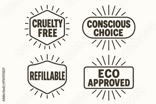 vintage badge label set with bold retro typography and starburst rays flat vector illustration style isolated on white background effects containing phrases like Cruelty Free Conscious
