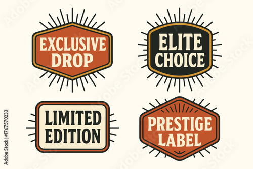 vintage badge label set with bold retro typography and starburst rays flat vector illustration style isolated on white background effects containing phrases like Exclusive Drop Elite Choice