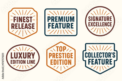 vintage badge label set with bold retro typography and starburst rays flat vector illustration style isolated on white background effects containing phrases like Finest Release Premium