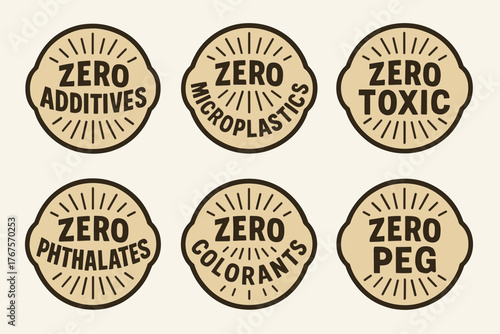 vintage badge label set with bold retro typography and starburst rays flat vector illustration style isolated on white background effects containing phrases like Zero Additives Zero