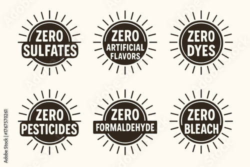 vintage badge label set with bold retro typography and starburst rays flat vector illustration style isolated on white background effects containing phrases like Zero Sulfates Zero