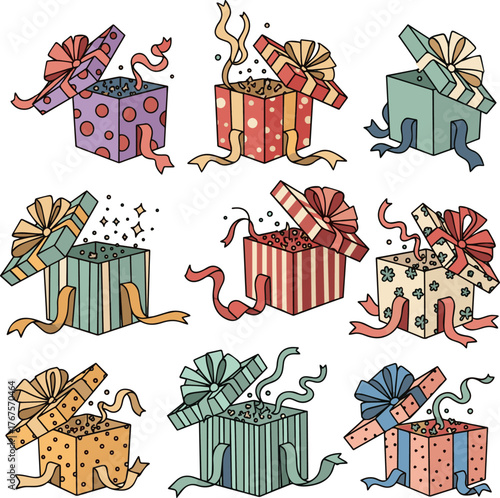 Create a kinds of deferent set of a gift with an untied ribbon and an open lid vector art with white background..