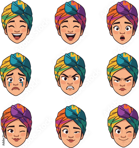  Create a kinds of deferent set of various facial expressions of a young woman wearing a turban vector art with white background..