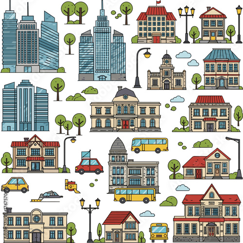 Create a kinds of deferent Simple cityscape vector illustration material vector art with white background.