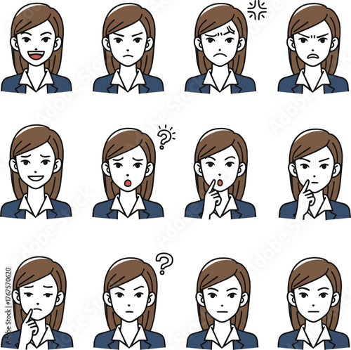 Create a kinds of deferent Simple facial expression illustration set material of a young business woman vector art with white background.