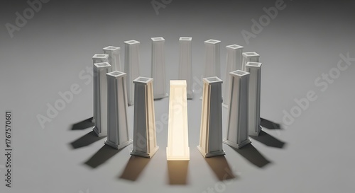 Illuminated pillar stands out in a circle of bright white architectural columns symbolizing innovation, leadership, and unique ideas in a modern, minimalist setting