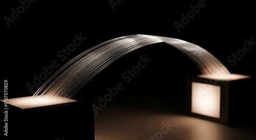 Elegant flow of luminous threads connecting two glowing platforms, symbolizing data transfer, innovation, and modern connectivity in a dark, sophisticated space.