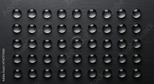 Perfectly aligned transparent water droplets shimmer on a dark, textured surface creating a mesmerizing pattern of purity and order for modern design inspiration