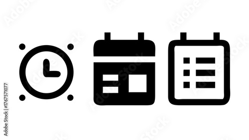Address. time, and date icon vector. Event elements isolated on transparent background. Black & white vector illustration
