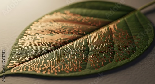 Stunning abstract macro view of a vibrant green leaf intricately patterned with gleaming copper circuit board lines, symbolizing eco technology and innovative nature integration.