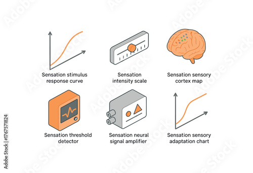isometric icon items isolated on white background sensation stimulus response curve sensation intensity scale sensation sensory cortex map sensation threshold detector sensation neural