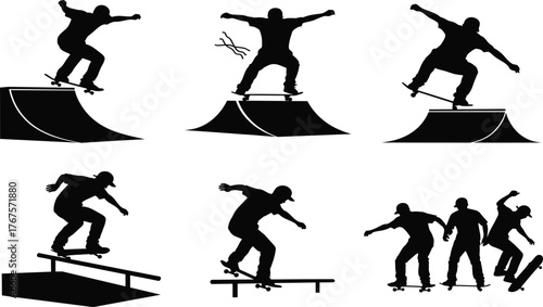 Silhouette skateboarders performing tricks on ramps and rails, urban extreme sports action, dynamic poses, skateboarding vector illustration set