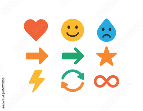 flat minimal icons including heart smiley tears arrows lightning looping shapes emotional geometric theme bright palette flat vector illustration style isolated on white background vector