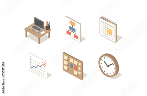 isometric icon items isolated on white background work desk station work workflow diagram work schedule planner work productivity tracker work task board work time clock