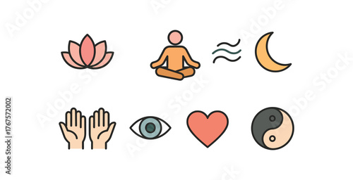 flat calm icons including lotus flower meditation pose breathing wave moon hands eye heart balanced energy theme flat vector illustration style isolated on white background vector icon