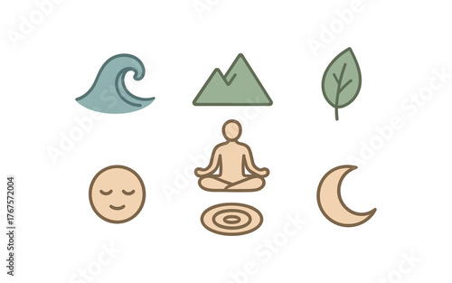 flat zen icons including wave mountain leaf moon meditating person calm symbols soft natural colors flat vector illustration style isolated on white background vector icon illustration