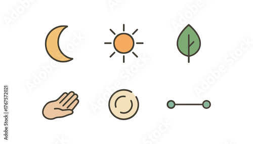 flat meditation icons including moon sun leaf hand energy circle balance line calm gradient free colors flat vector illustration style isolated on white background vector icon illustration