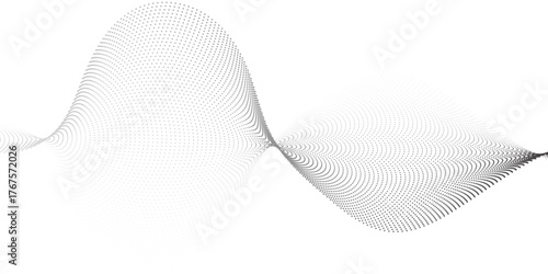 Abstract background, flowing particle vector waves, moving dotted curved lines, technology and science theme, airy and easy futuristic illustration.