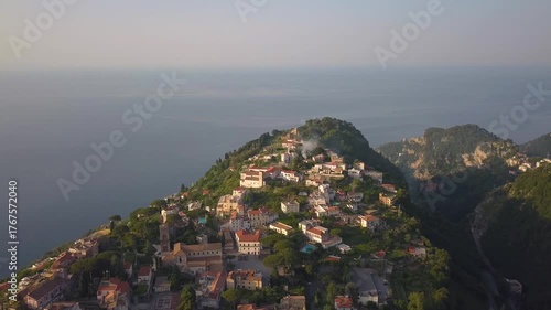 Aerial view of Ravello nestled on the cliffs of the Amalfi Coast at sunset