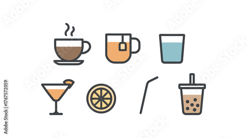 flat minimal drink icons including coffee cup tea mug glass cocktail lemon slice straw bubble tea flat vector illustration style isolated on white background vector icon illustration