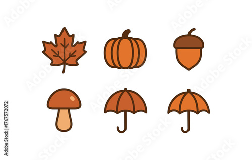 flat seasonal icons including leaf pumpkin acorn mushroom umbrella warm tones autumn theme flat vector illustration style isolated on white background vector icon illustration