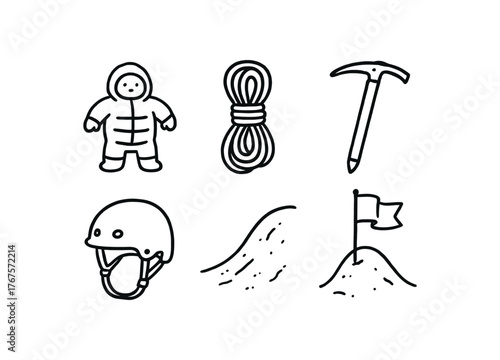 hand drawn cute doodle style line isolated on white background: ice ridge rescuer climbing rope safety axe helmet head snow slope flag marker