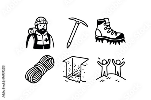 hand drawn cute doodle style line isolated on white background: alpine rescuer ice pick crampon rope coil snow pit team signal
