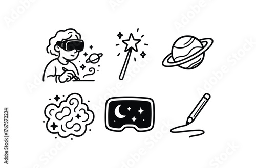 hand drawn cute doodle style line isolated on white background: virtual space artist drawing wand planet model nebula cloud VR screen sketch trail