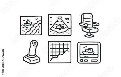 hand drawn cute doodle style line isolated on white background: ocean floor chart pilot sonar map control chair joystick grip depth grid vessel screen
