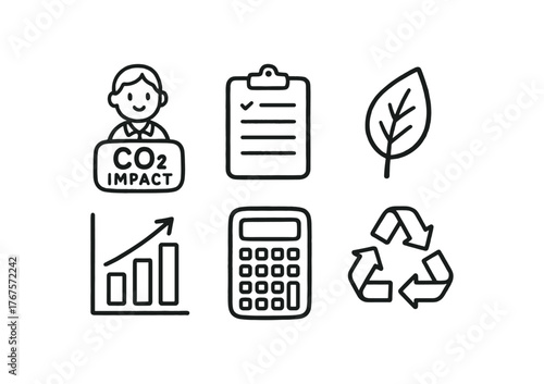 hand drawn cute doodle style line isolated on white background: carbon impact assessor clipboard sheet leaf icon chart bars calculator recycle sign