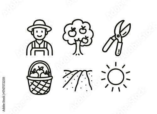 hand drawn cute doodle style line isolated on white background: fruit orchard grower tree pruning shears basket load soil rows sun ray