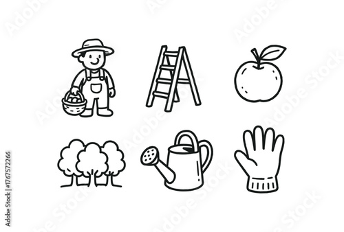 hand drawn cute doodle style line isolated on white background: orchard farmer ladder stand ripe fruit tree line watering can glove hand