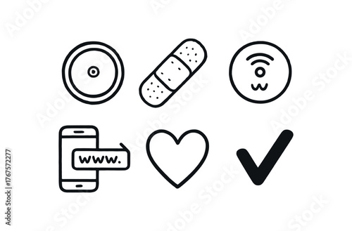 hand drawn cute doodle style line isolated on white background: health patch reader adhesive strip smart sensor app heart icon check