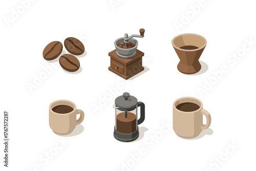isometric icon items isolated on white background coffee beans coffee grinder coffee filter espresso shot French press coffee mug