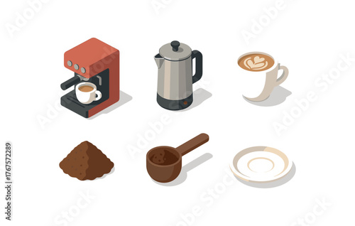 isometric icon items isolated on white background coffee machine milk frother latte art coffee grounds coffee scoop saucer