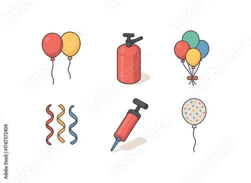 isometric icon items isolated on white background balloons (supplies): latex balloons helium tank balloon bouquet colorful ribbon balloon pump confetti balloon