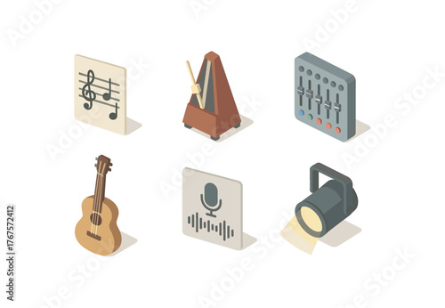 isometric icon items isolated on white background musical score metronome tick mixing console acoustic guitar vocal track stage spotlight