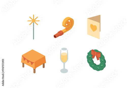 isometric icon items isolated on white background celebration (party favors): sparkler candle party horn greeting card festive table champagne glass holiday wreath